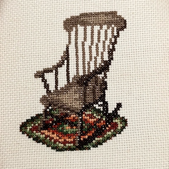 Framed Needlepoint of Rocking Chair on Rug | Wood Frame | 7” T, 5-1/4” W - Picture 2 of 9
